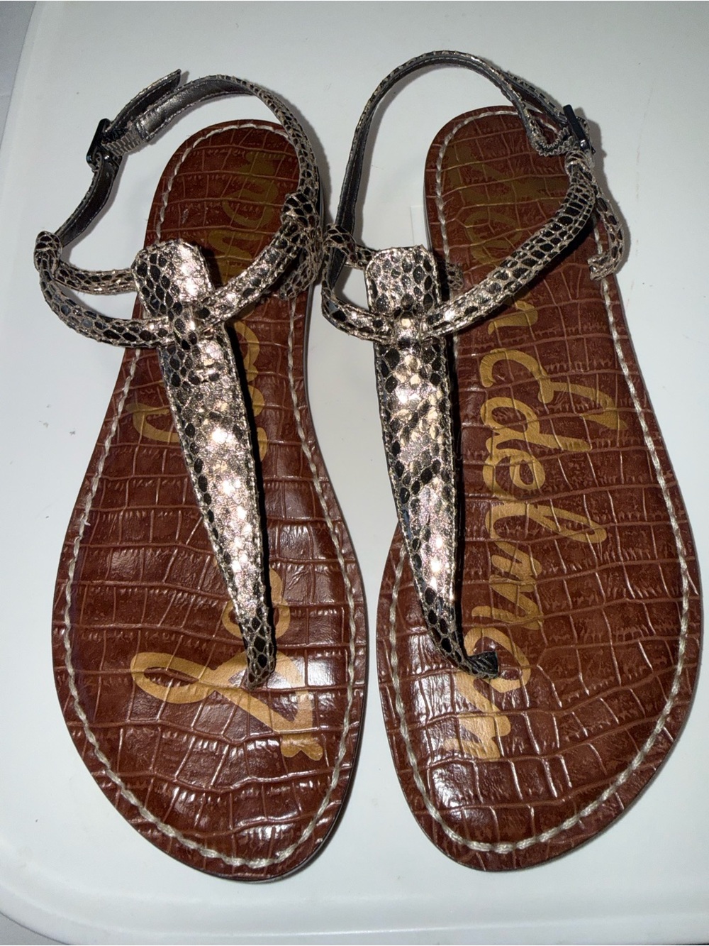 Sam Eidelman  Gigi Metallic Snake-Print T-Strap Women's Sandals - Bronze. 7 - Picture 2 of 7